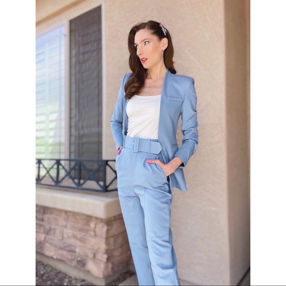 💙SOLD ZARA 2 PIECE ✨NWT✨ Powder Blue Pantsuit Lapeless Blazer & Belted Pants - Picture 6 of 9